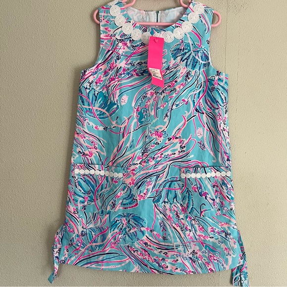 Lilly Pulitzer Little Sz 7 Girl Shift Dress Blue Neon Pink Bayside Under Moon - Picture 1 of 5